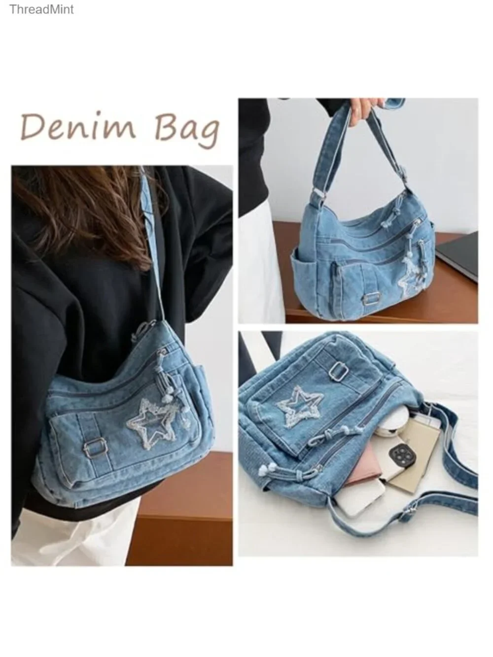 Denim Crossbody Bag Vintage Jean Shoulder Purse Canvas Satchel Messenger Hobo
